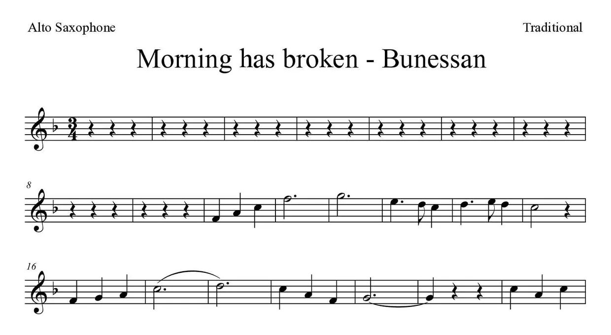 「Morning has broken - Bunessan 」Alto Saxophone用楽譜の最初の数段
