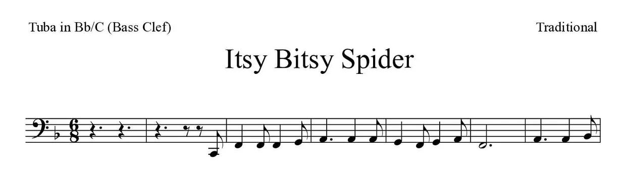 Bladmuziek van Itsy Bitsy Spider voor tuba in Bb/C (bass clef), eerste regels