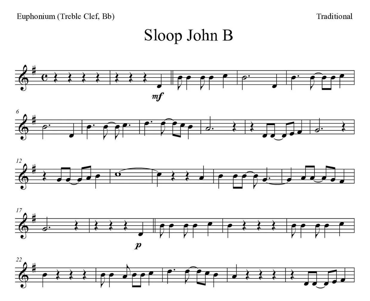 Partitura de Sloop John B para bombardino (clave de Sol, Sib), primeras líneas
