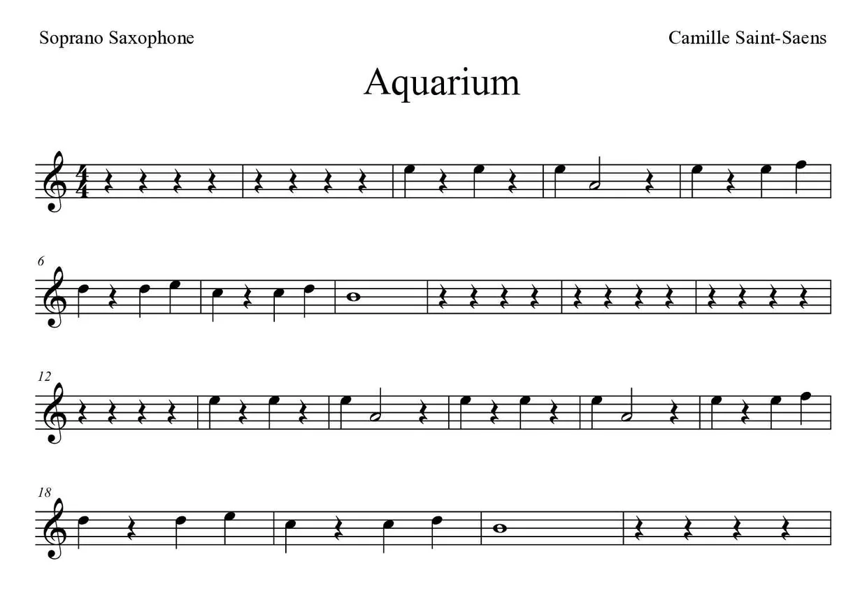 Partition de Aquarium pour saxophone soprano, premières lignes