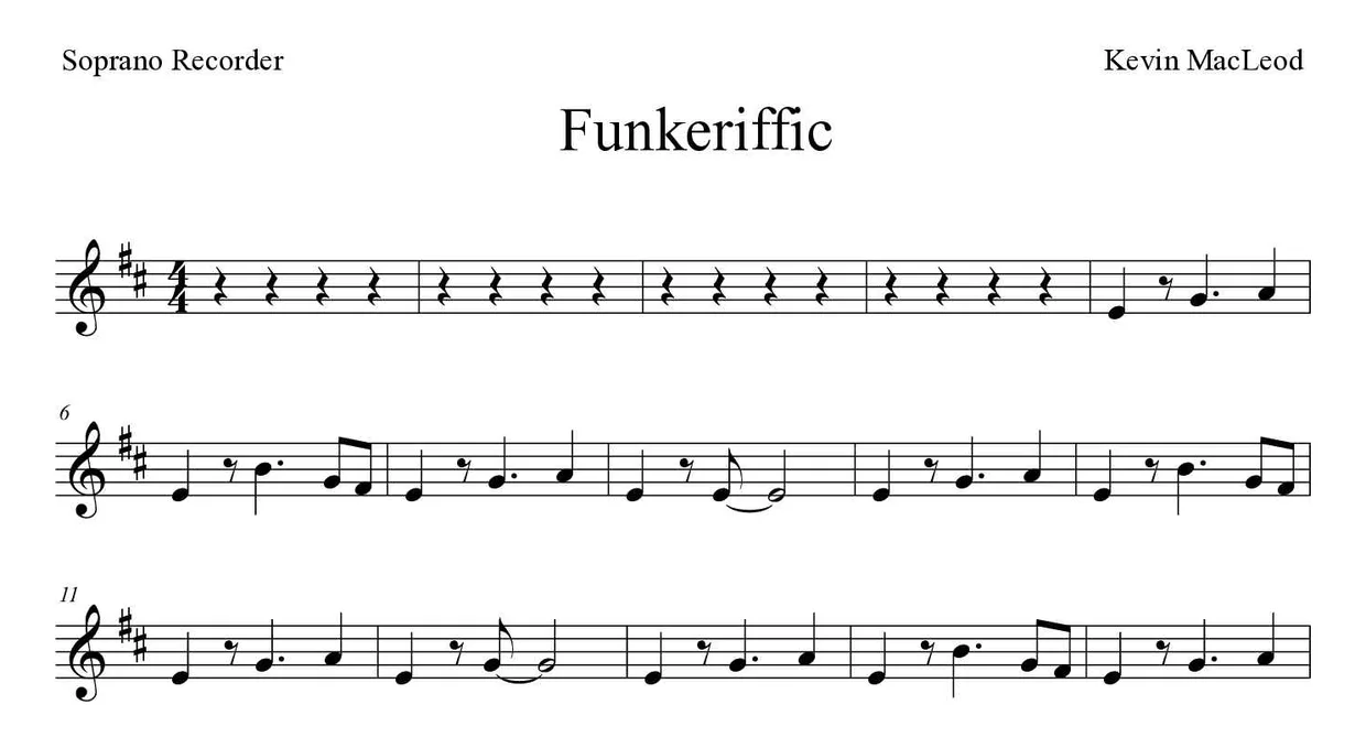 Partitura de Funkeriffic para flauta de bisel, primeiras linhas