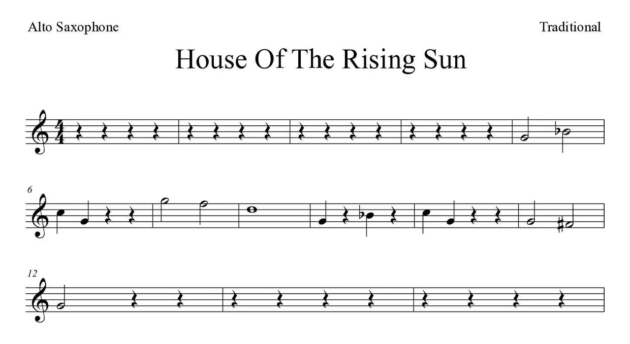 Sheet music of House Of The Rising Sun for alto saxophone (Easy), first lines