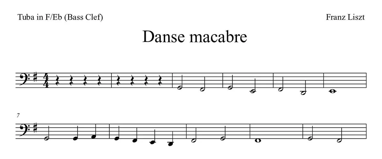 Spartito di Danse macabre per tuba in F/Eb (bass clef), prime righe