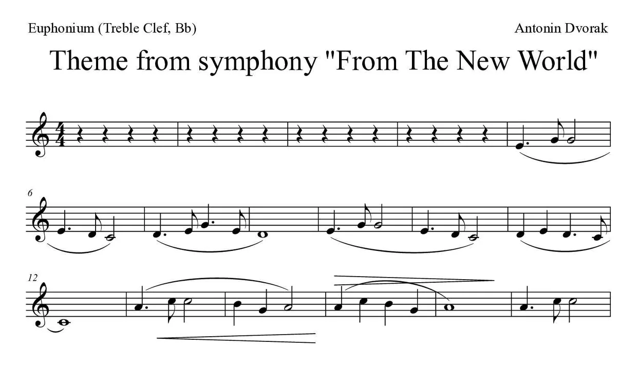 Partitura de Theme from symphony "From The New World" para bombardino (clave de Sol, Sib), primeras líneas
