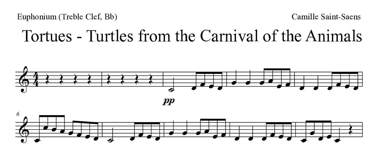 Noten von Tortues - Schildkröten - aus dem Karneval der Tiere für Euphonium (Violinschlüssel, B) (Einfach), erste Zeilen