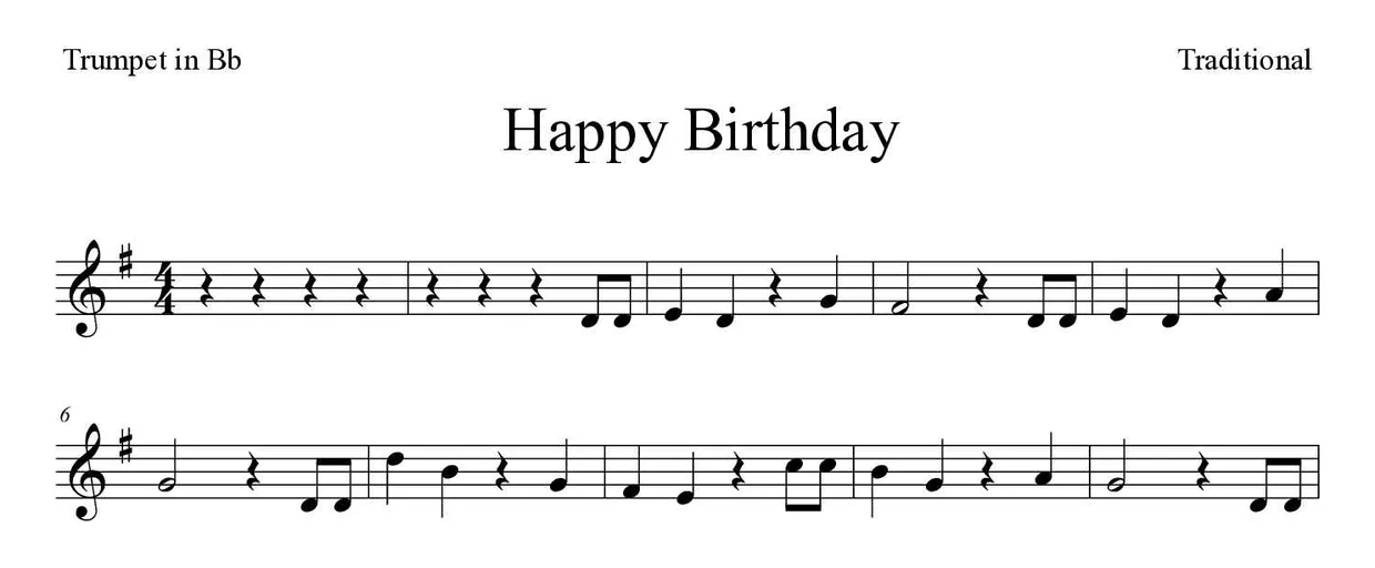 Partition de Happy Birthday pour trompette en si bémol, premières lignes