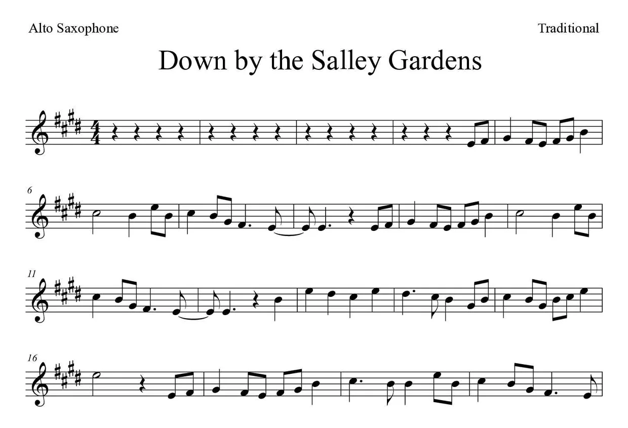 Sheet music of Down by the Salley Gardens for alto saxophone (Hard), first lines