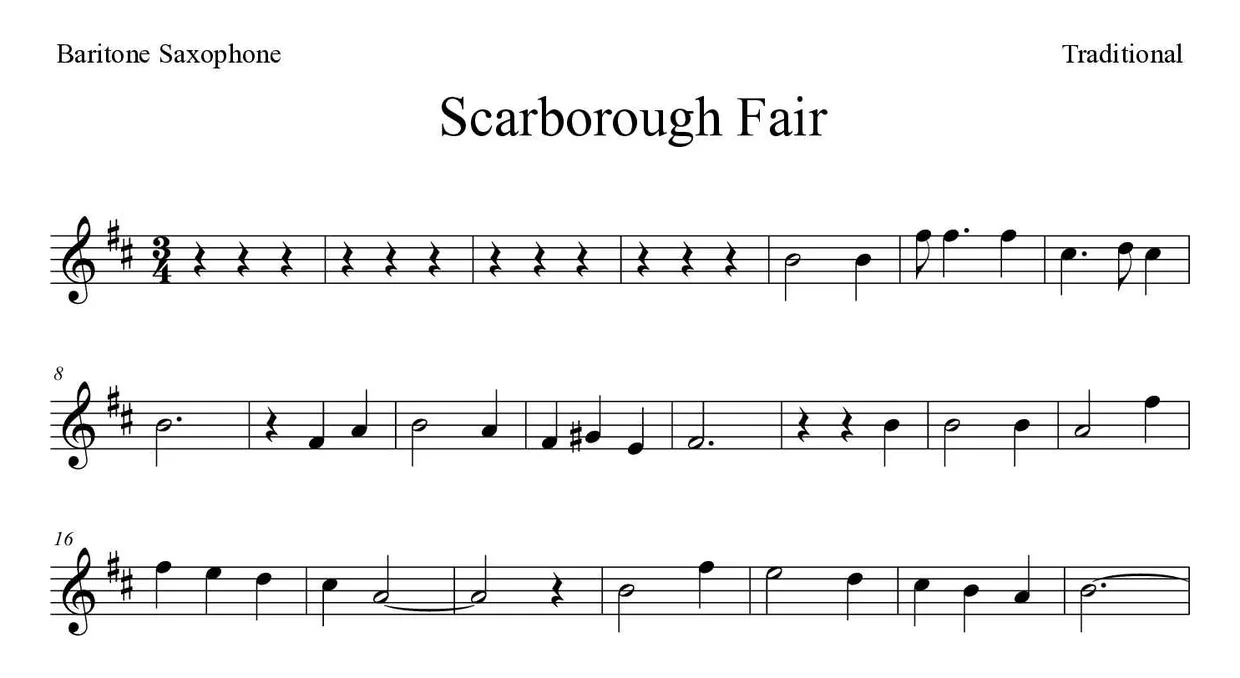 Sheet music of Scarborough Fair for baritone saxophone (Medium), first lines