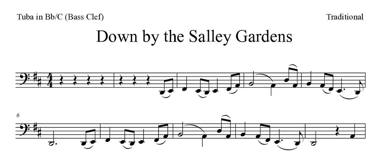 Sheet music of Down by the Salley Gardens for tuba in Bb/C (bass clef) (Medium), first lines