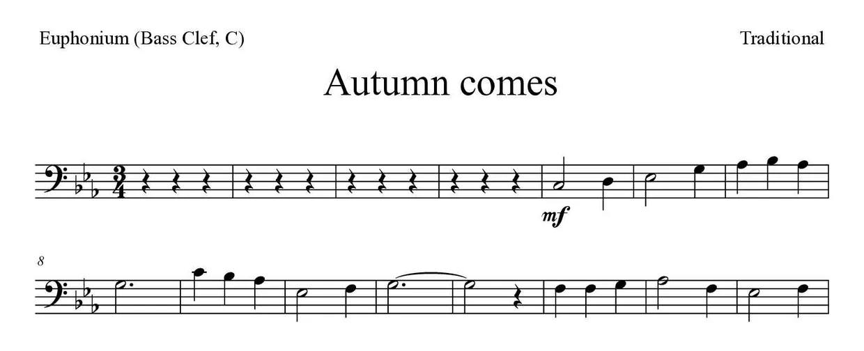 Sheet music of Autumn comes for euphonium (bass clef, C) (Easy), first lines