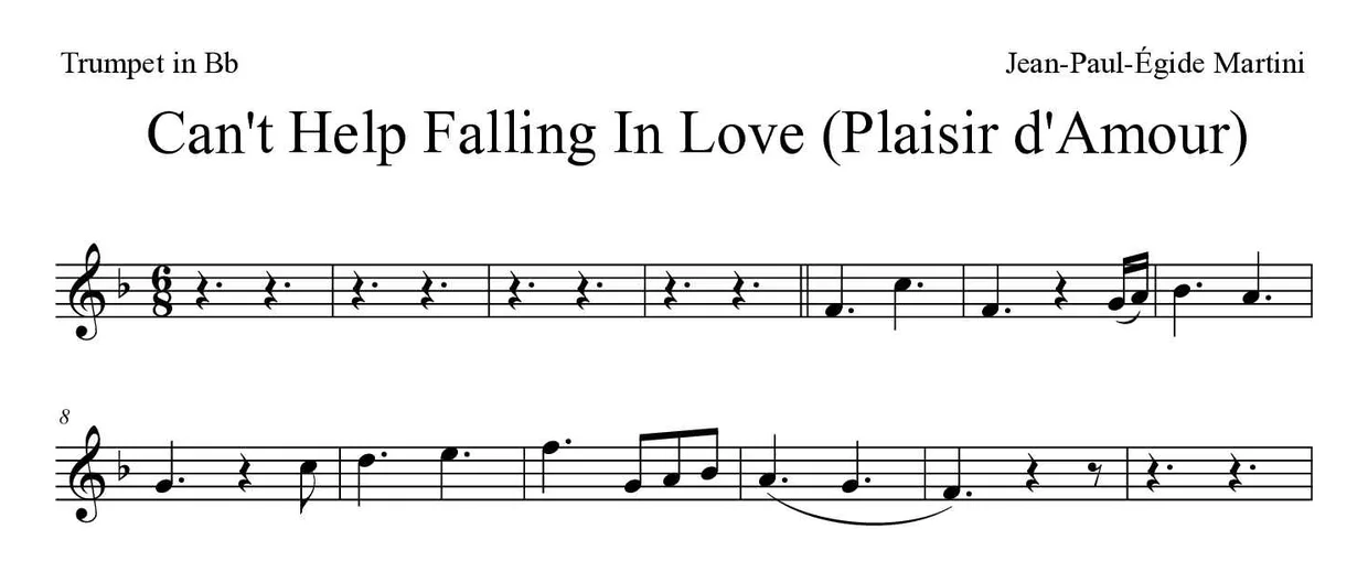 Partitura de Can't Help Falling In Love (Plaisir d'Amour) para trompete em Sib, primeiras linhas