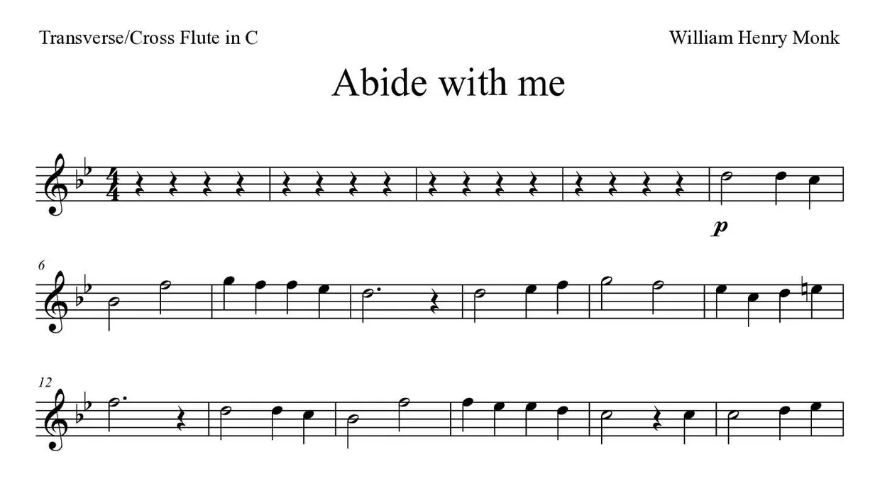 Sheet music of Abide with me for flute (Medium), first lines