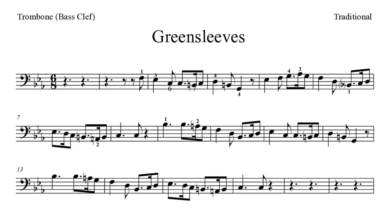 Spartito di Greensleeves per trombone, prime righe