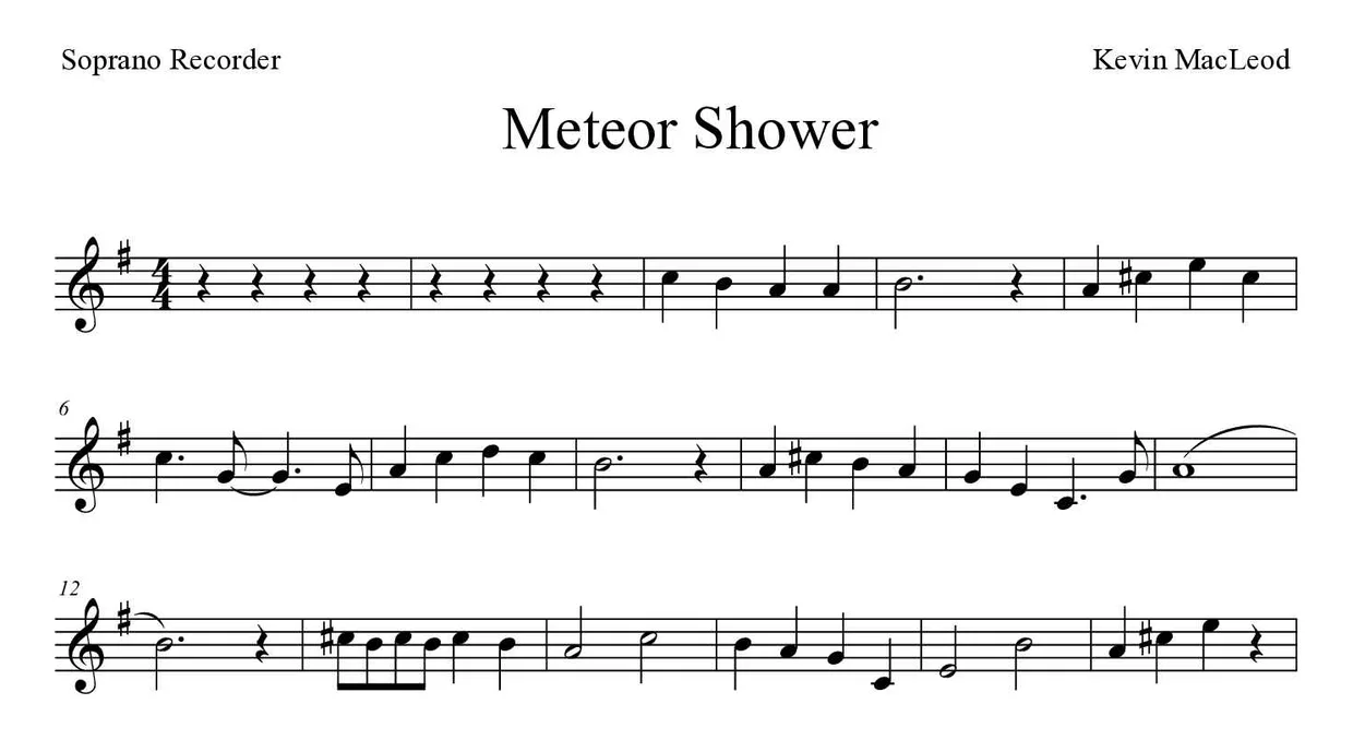 Partitura de Meteor Shower para flauta de bisel, primeiras linhas