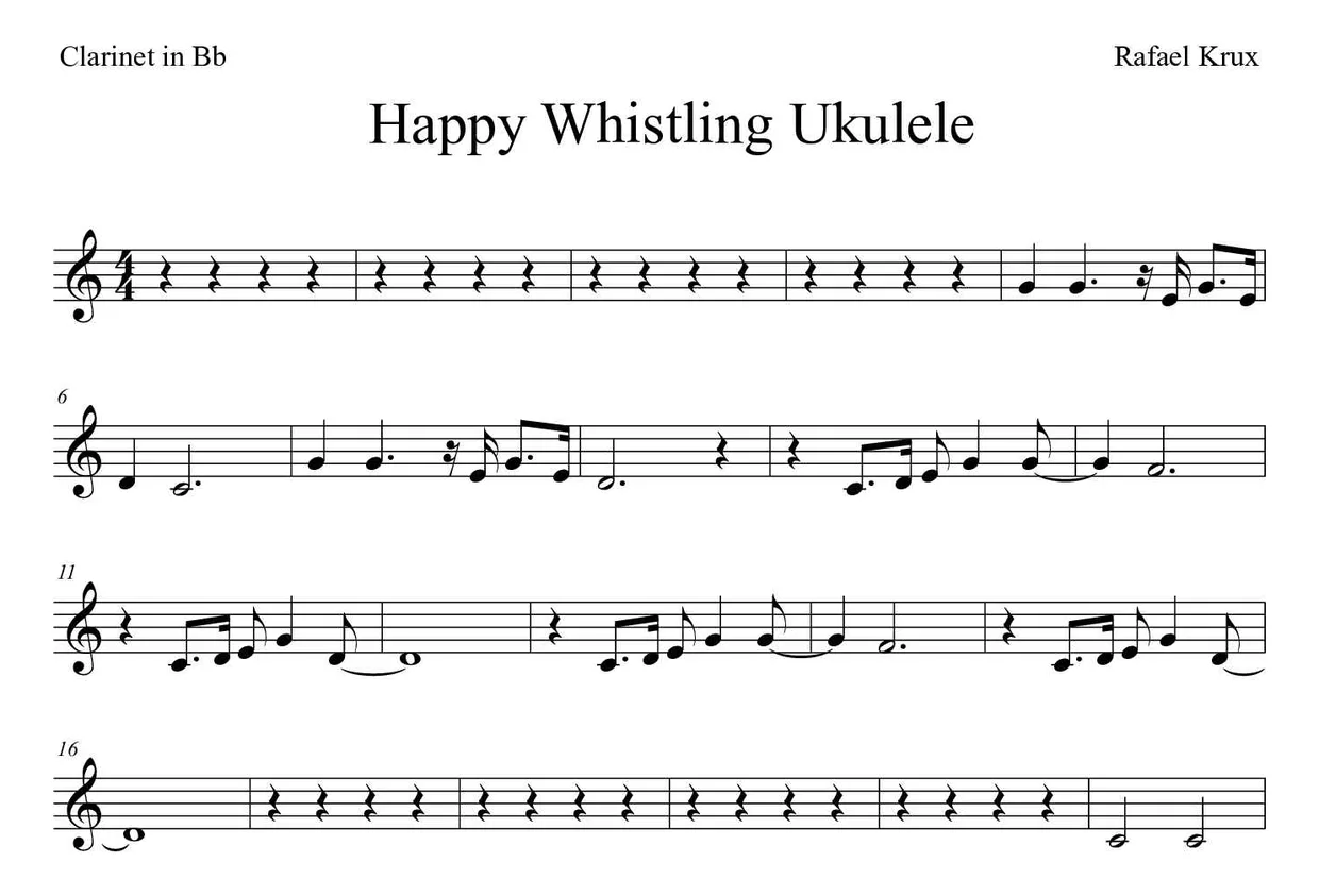 ‘Happy Whistling Ukulele’ Clarinet 악보의 첫 몇 줄