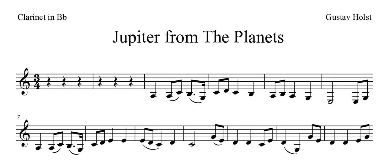 Sheet music of Jupiter from The Planets for clarinet (Medium), first lines