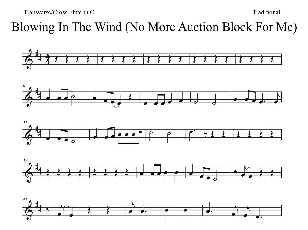 「Blowing In The Wind (No More Auction Block For Me)」Flute用楽譜の最初の数段