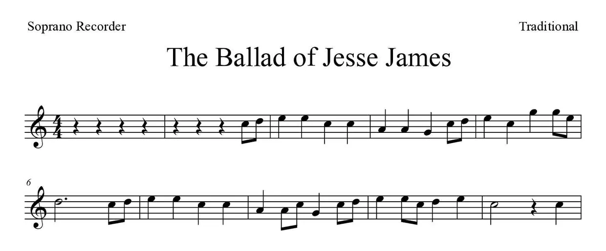 Sheet music of The Ballad of Jesse James for recorder (Easy), first lines