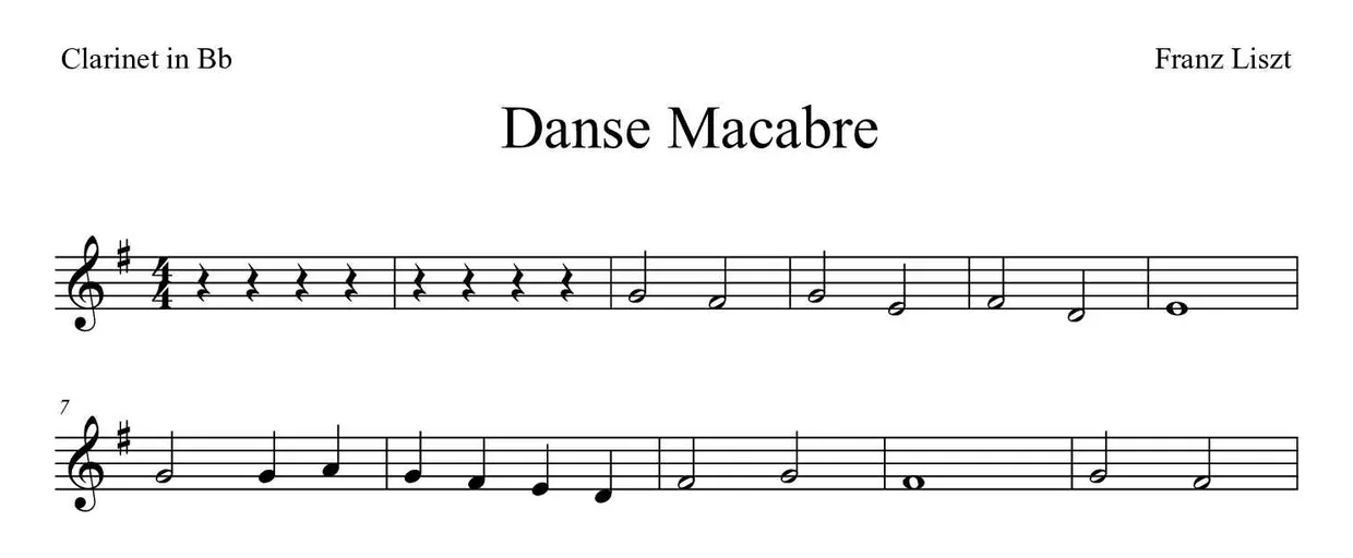 Partition de Danse Macabre pour clarinette, premières lignes