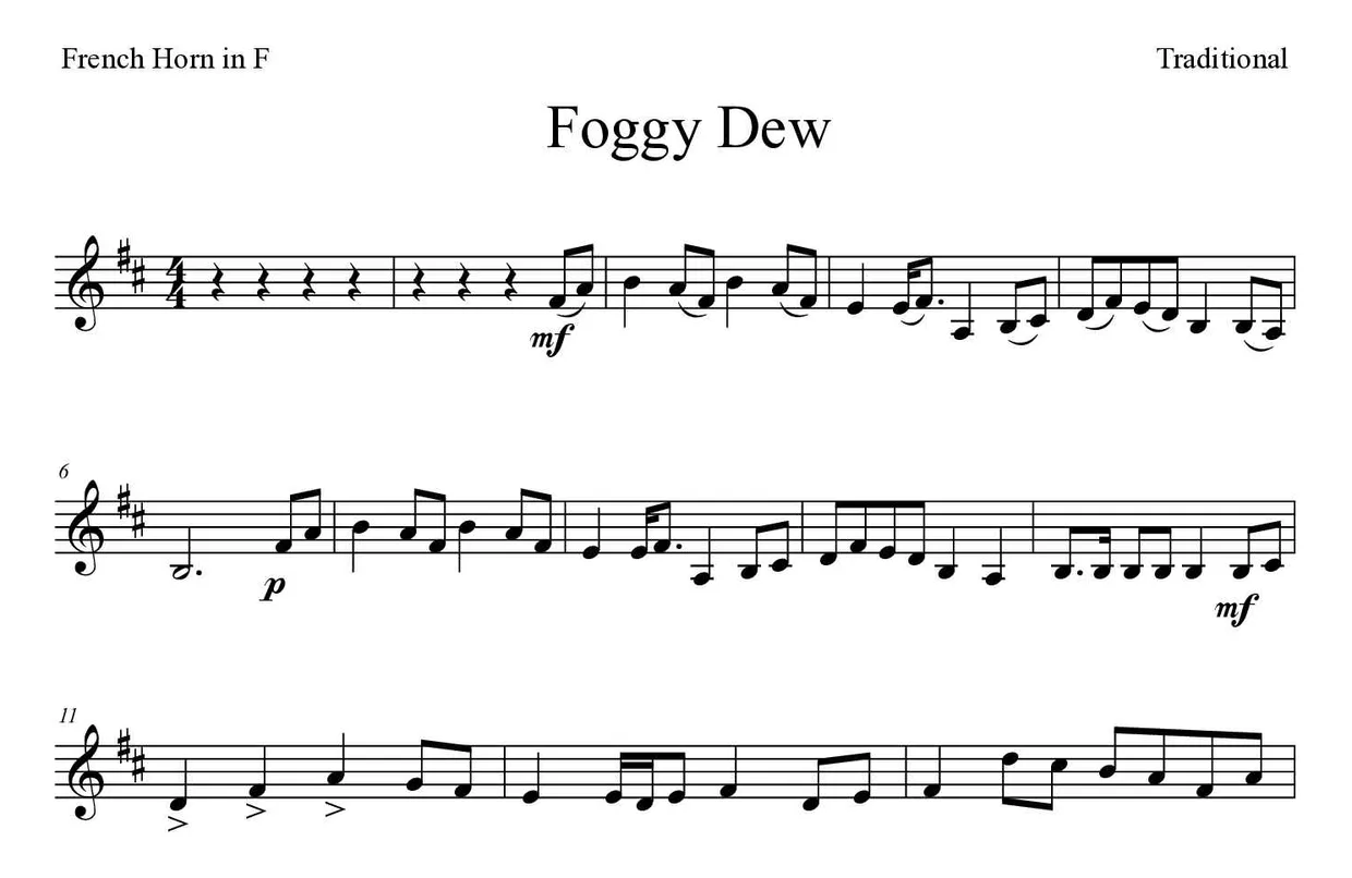 Bladmuziek van Foggy Dew voor French horn, eerste regels