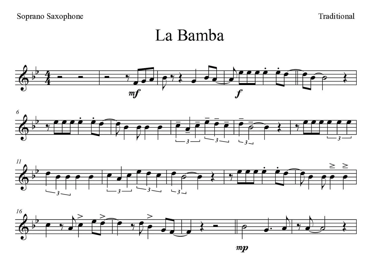 Partition de La Bamba pour saxophone soprano, premières lignes