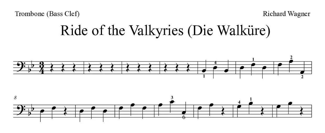 Sheet music of Ride of the Valkyries (Die Walküre) for trombone (Medium), first lines