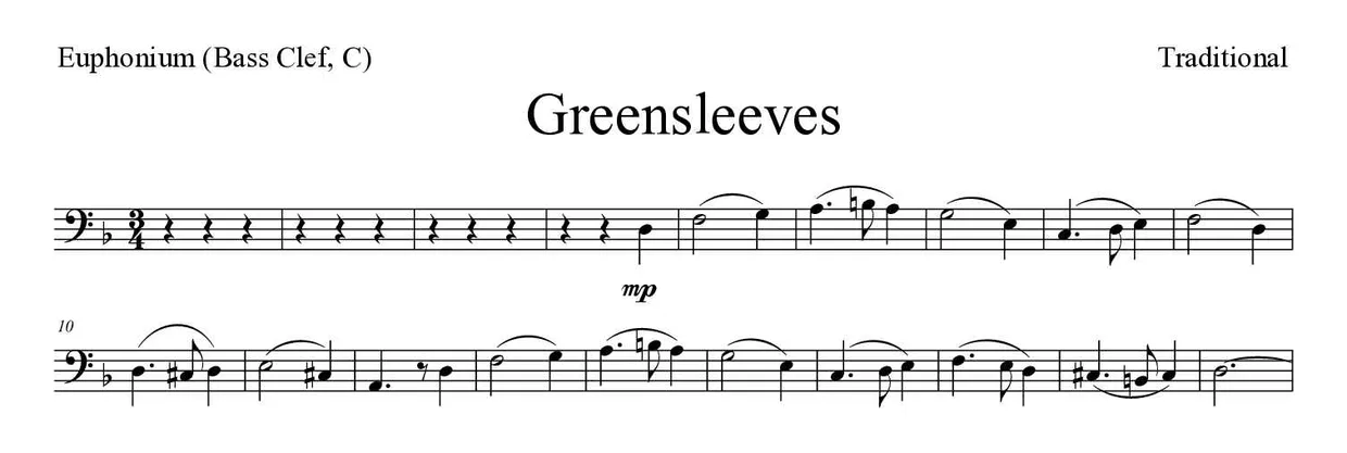 Bladmuziek van Greensleeves voor euphonium (bass clef, C), eerste regels