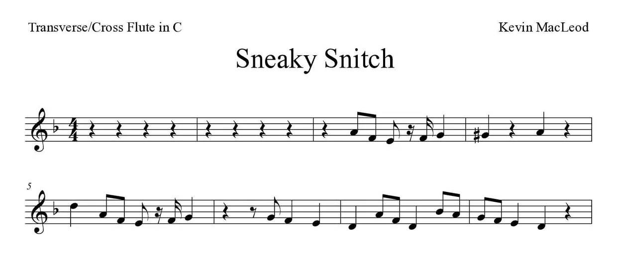 ‘Sneaky Snitch’ Flute 악보의 첫 몇 줄