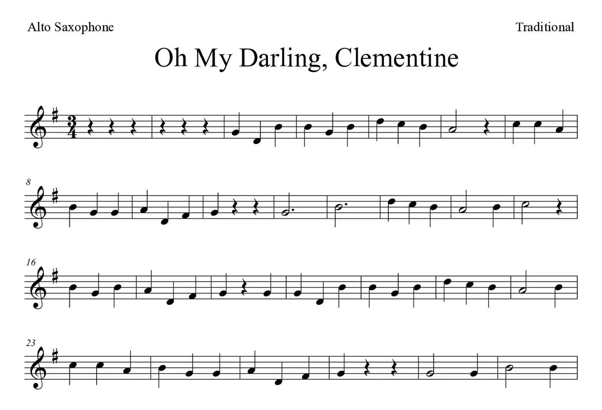 Partitura de Oh My Darling, Clementine para alto saxofone, primeiras linhas