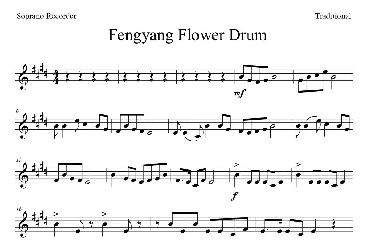 Partitura de Fengyang Flower Drum para flauta dulce, primeras líneas