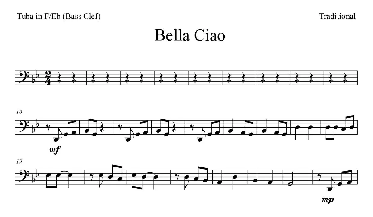 「Bella Ciao」Tuba in F/Eb (Bass Clef)用楽譜の最初の数段
