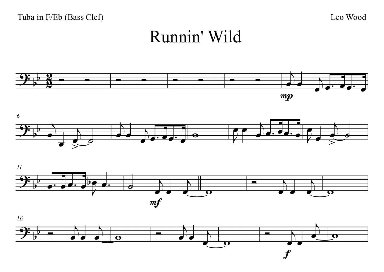 Partition de Runnin' Wild pour tuba en fa/mi bémol (clé de fa), premières lignes