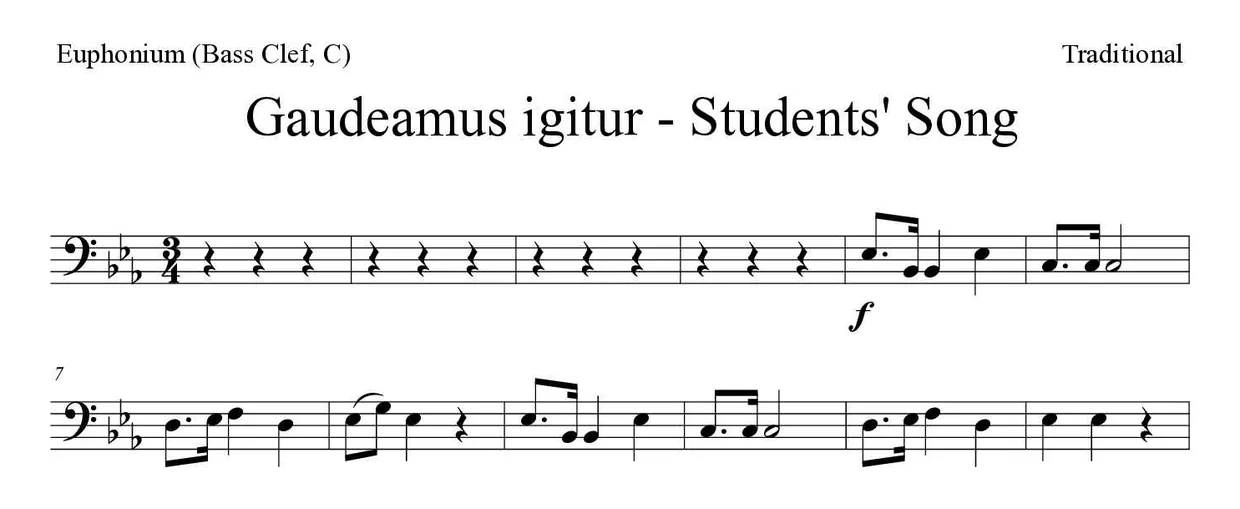 Partition de Gaudeamus igitur - Students' Song pour euphonium (clé de fa, do), premières lignes