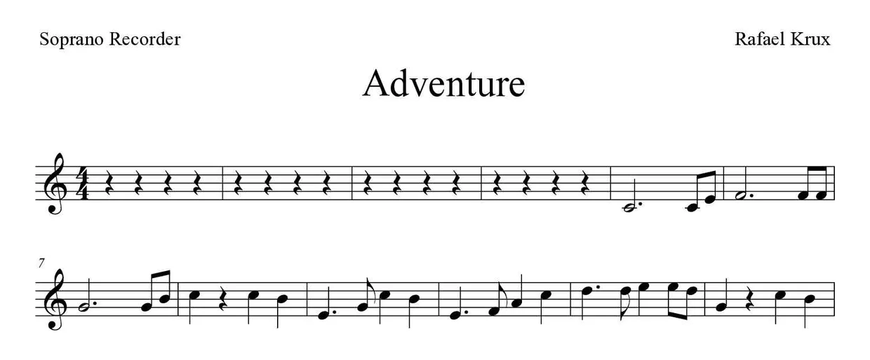Partitura de Adventure para flauta dulce, primeras líneas