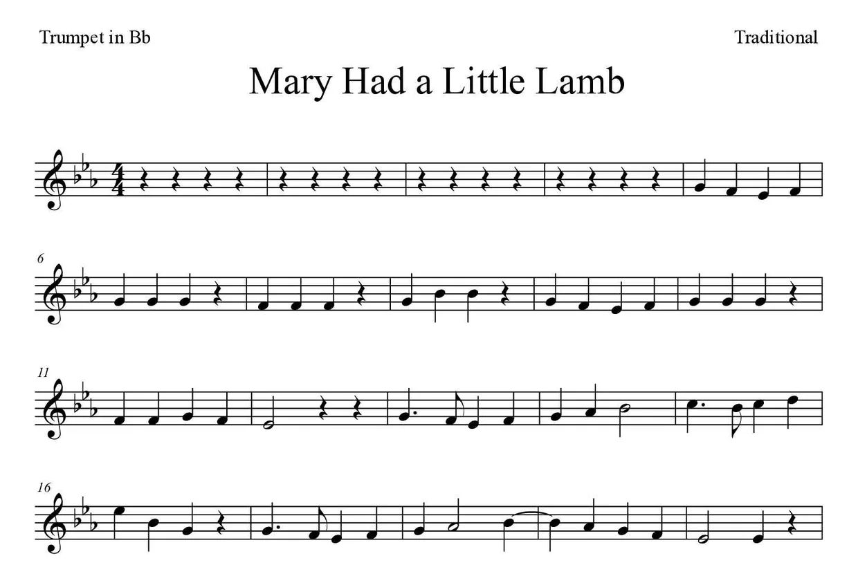 ‘Mary Had a Little Lamb’ Trumpet in Bb 악보의 첫 몇 줄