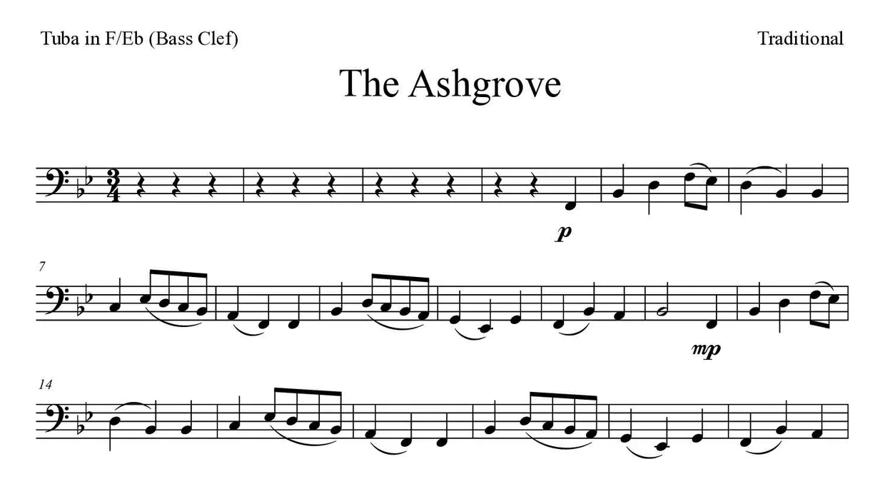 Spartito di The Ashgrove per tuba in F/Eb (bass clef), prime righe