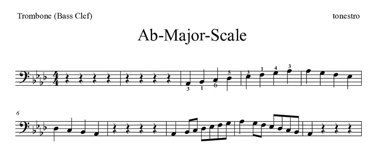 Partitura de Ab-Major-Scale para trombone, primeiras linhas