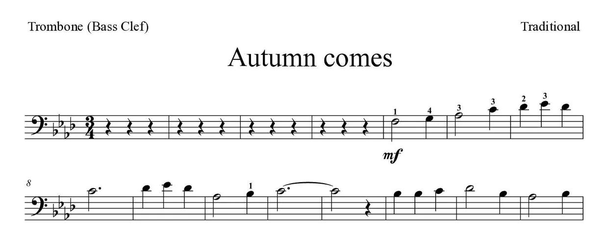 Spartito di Autumn comes per trombone, prime righe