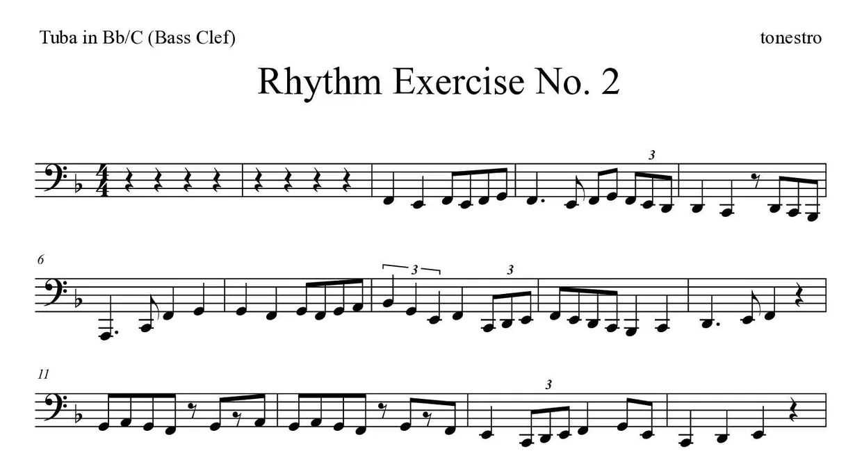 「Rhythm Exercise No. 2」Tuba in Bb/C (Bass Clef)用楽譜の最初の数段