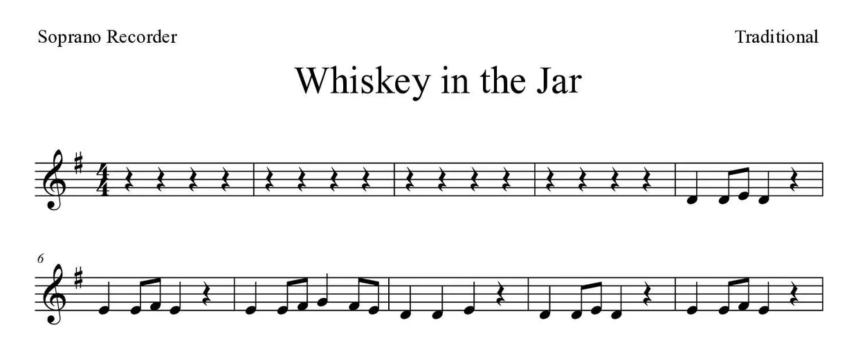 Spartito di Whiskey in the Jar per recorder, prime righe