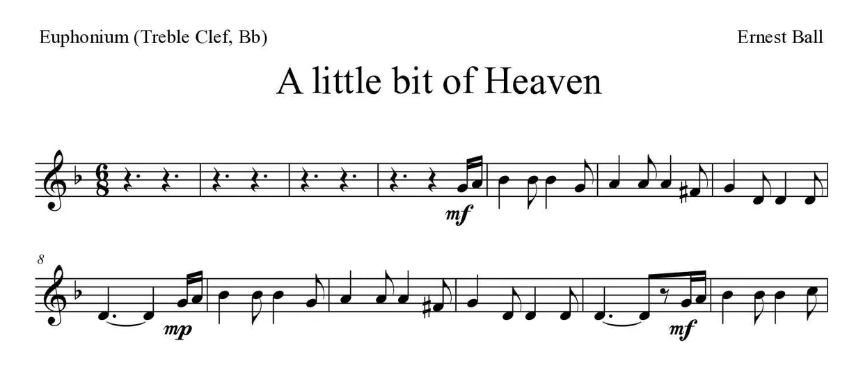 ‘A little bit of Heaven’ Euphonium (Treble Clef, Bb) 악보의 첫 몇 줄