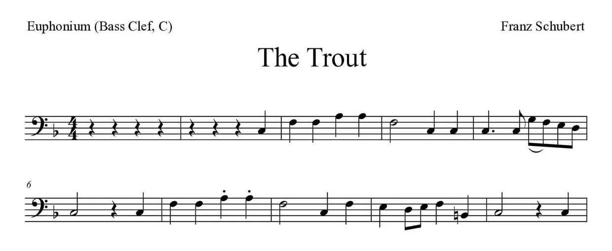 ‘The Trout’ Euphonium (Bass Clef, C) 악보의 첫 몇 줄