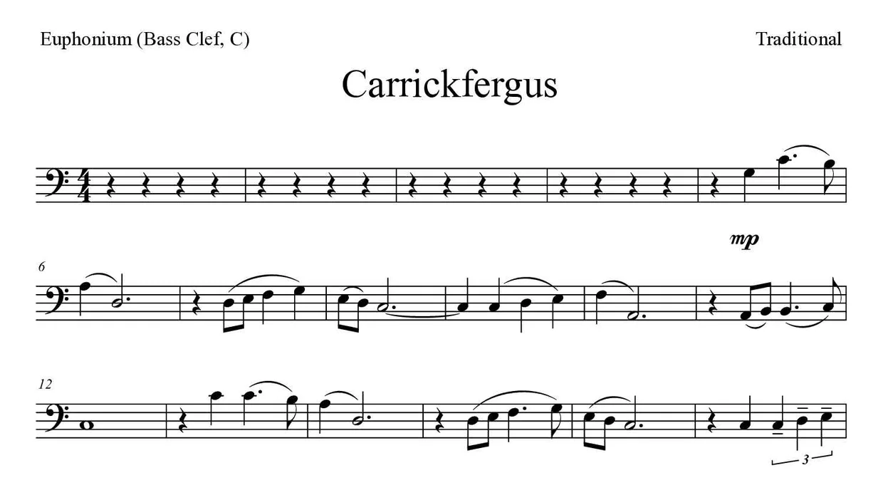 Partition de Carrickfergus pour euphonium (clé de fa, do), premières lignes