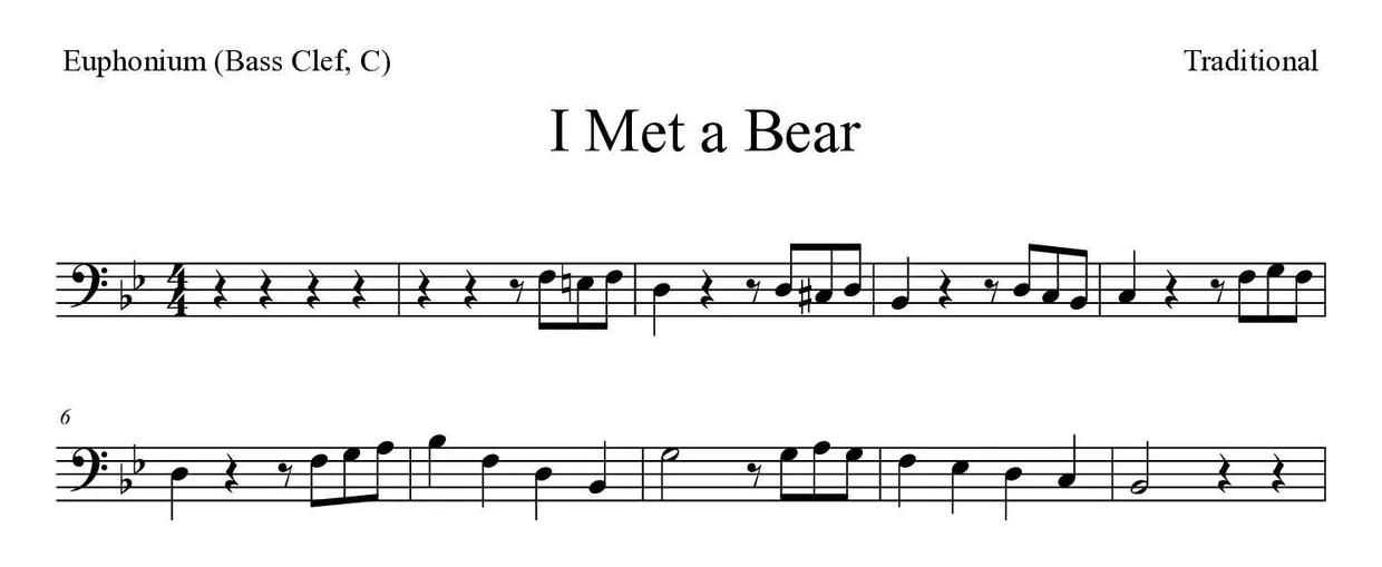 「I Met a Bear」Euphonium (Bass Clef, C)用楽譜の最初の数段