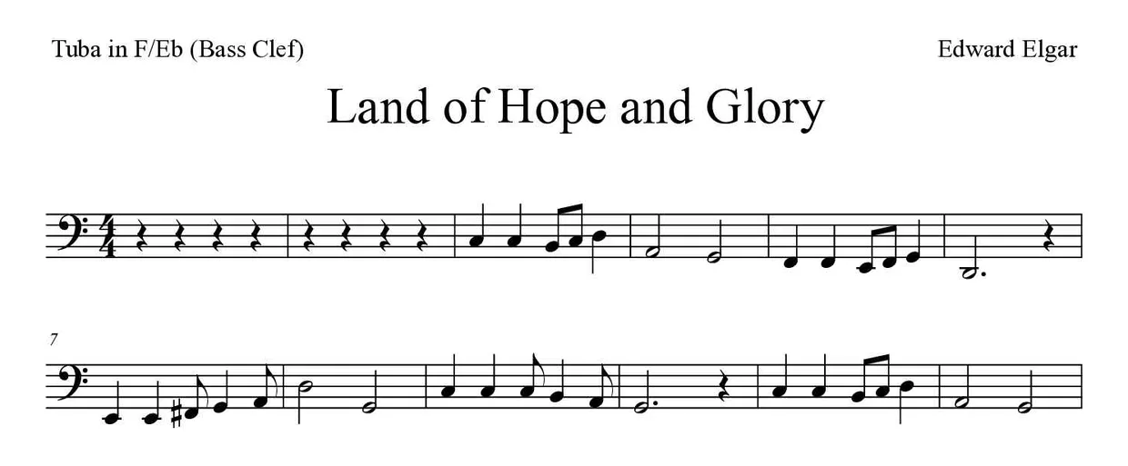 Partitura de Land of Hope and Glory para tuba en Fa/Mib (clave de Fa), primeras líneas