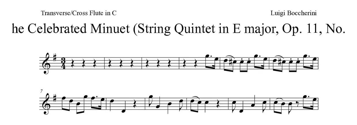 Partition de 《The Celebrated Minuet》(E大调弦乐五重奏曲G.275; Op.11 No.5) pour fflûte traversière, premières lignes
