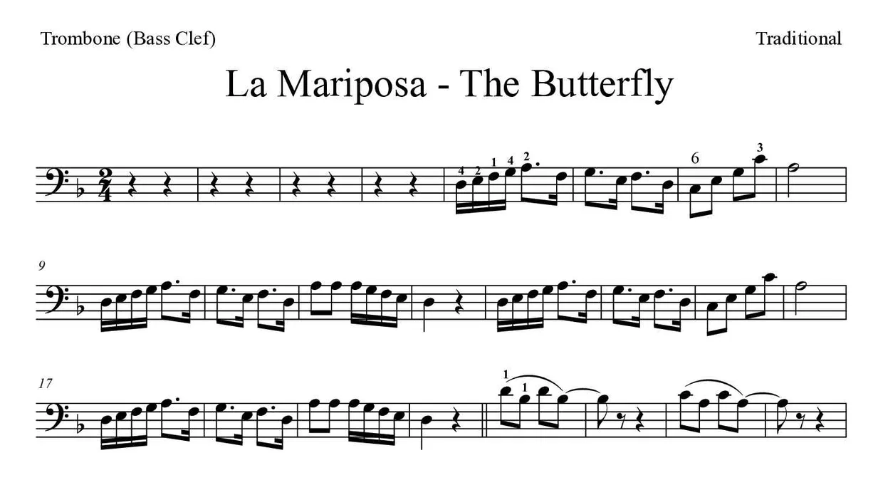 Sheet music of La Mariposa - The Butterfly for trombone (Expert), first lines