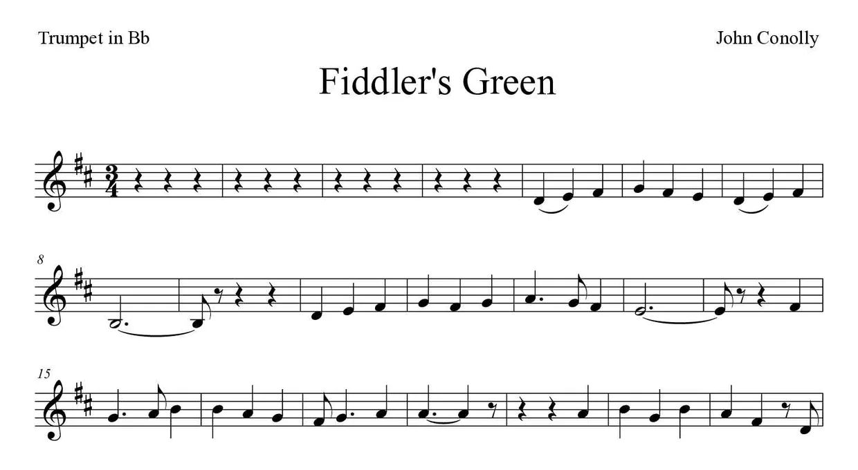 Sheet music of Fiddler's Green for trumpet in Bb (Medium), first lines
