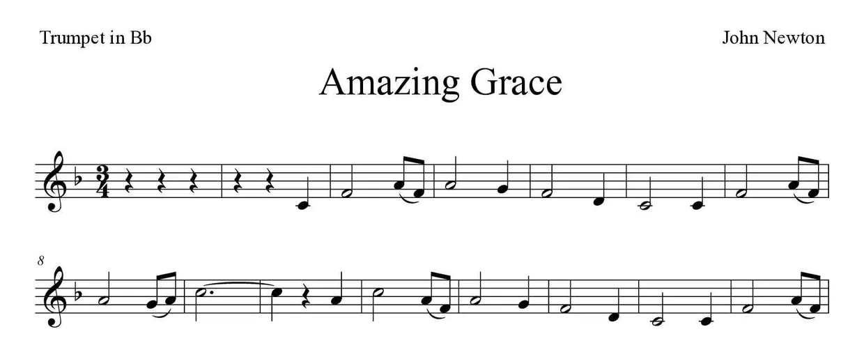 Partition de Amazing Grace pour trompette en si bémol, premières lignes
