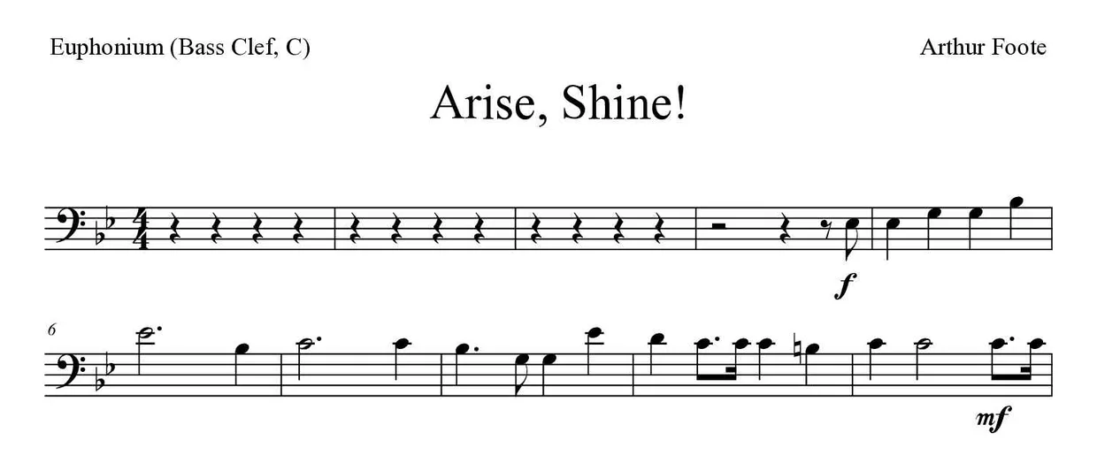Partition de Arise, Shine! pour euphonium (clé de fa, do), premières lignes